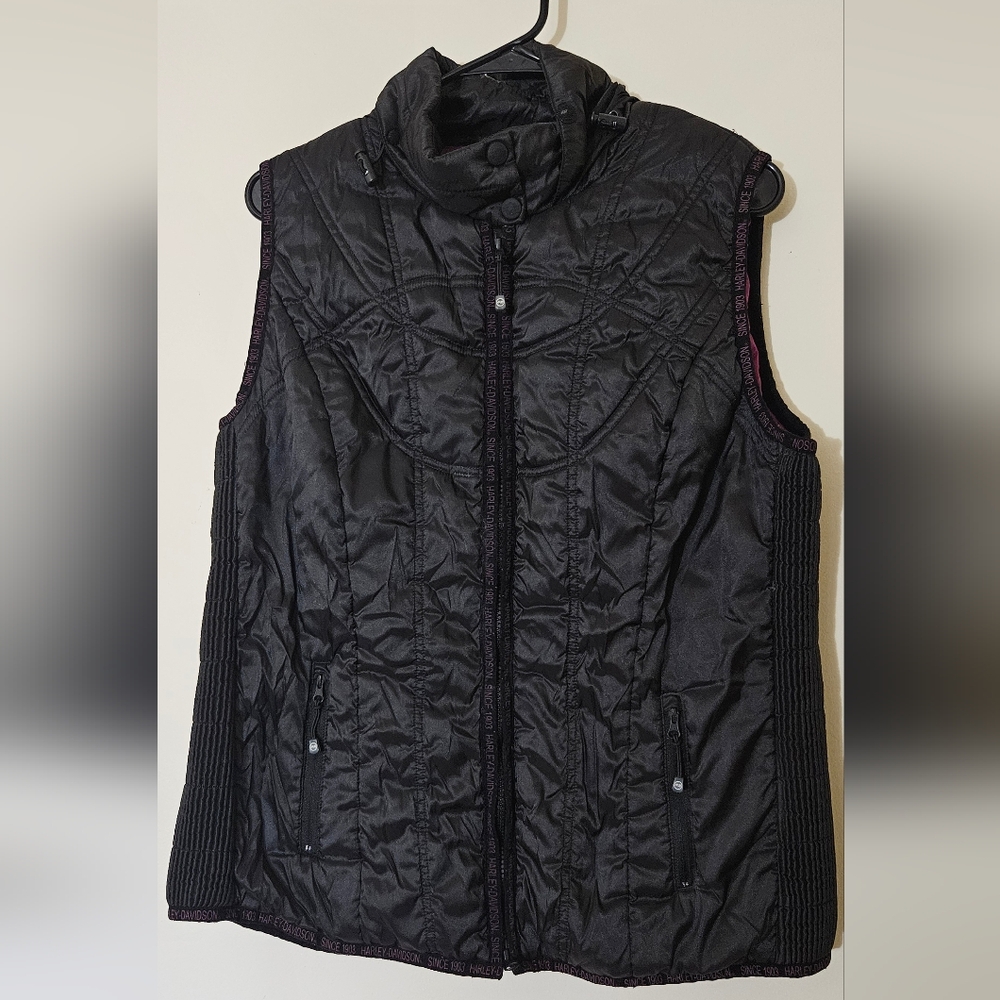Black Harley Davidson Puffer Vest with Purple Lining - Women's XL
